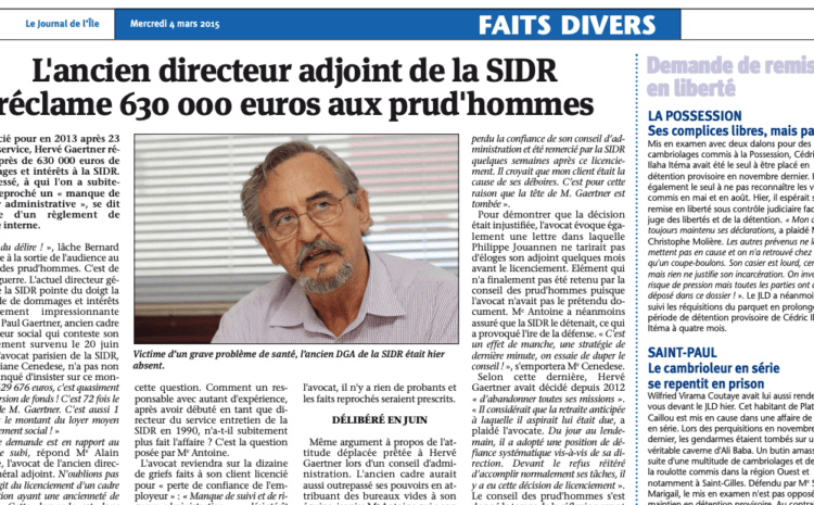  L’ancien directeur adjoint de la SIDR réclame 630 000 euros aux prud’hommes
