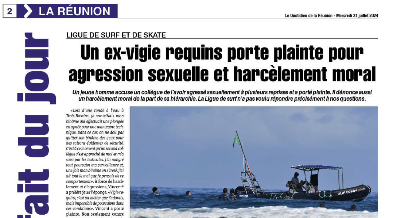  Un ex-vigie requins porte plainte pour agression sexuelle et harcèlement moral