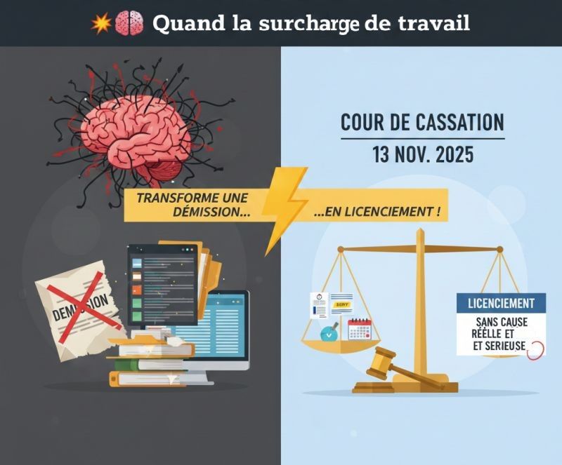  Quand la 𝐬𝘂𝗿𝗰𝗵𝗮𝗿𝗴𝗲 𝗱𝗲 𝘁𝗿𝗮𝘃𝗮𝗶𝗹 transforme une démission… en 𝗹𝗶𝗰𝗲𝗻𝗰𝗶𝗲𝗺𝗲𝗻𝘁 sans cause réelle et sérieuse !